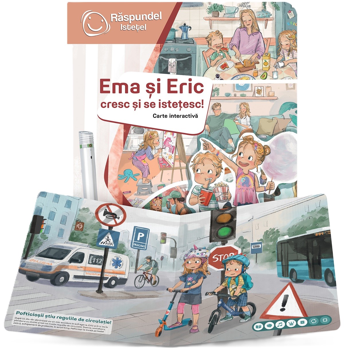 Coperta cărții 'Carte interactivă: Răspundel Istățel. Ema și Eric cresc și se istețesc'