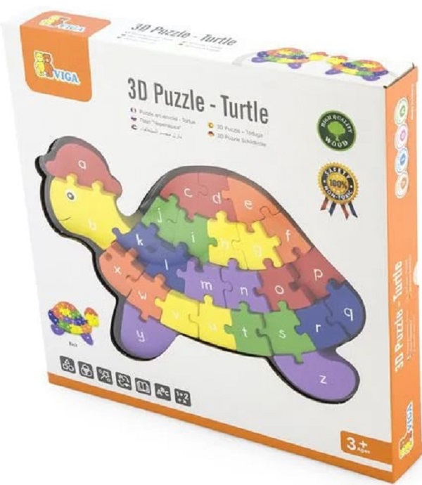 Imaginea produsului 'Puzzle din lemn 3D cu litere si cifre. Broscuța țestoasă'