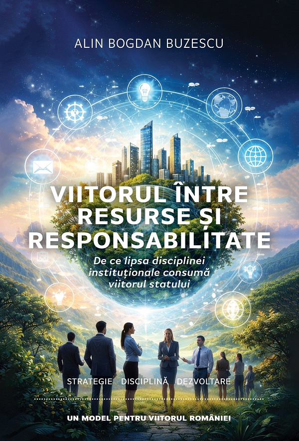 Coperta cărții 'Viitorul între resurse și responsabilitate. De ce lipsa disciplinei instituționale consumă viitorul statului - Alin'