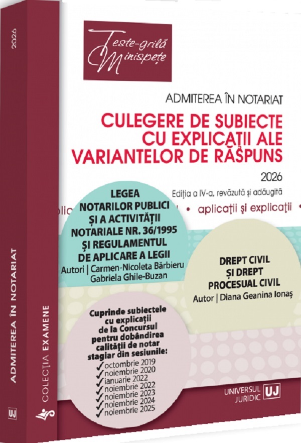 Coperta cărții 'Admiterea în notariat. Culegere de subiecte cu explicații Ed.2026 - Carmen Nicoleta Bărbieru, Diana-Geanina Ionaș,'