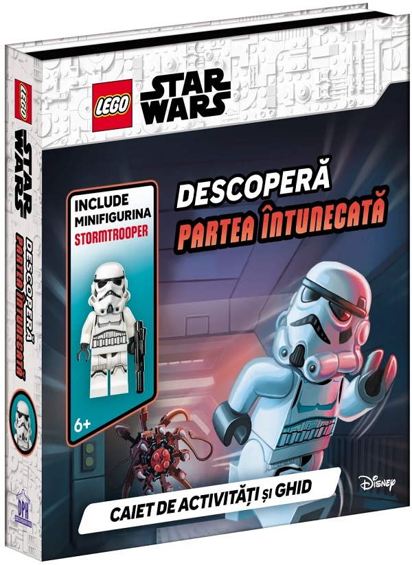 Coperta cărții 'Descoperă partea întunecată. Caiet de activități și ghid + minifigurină Stormtrooper'