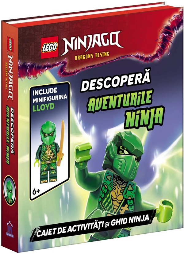 Coperta cărții 'Descoperă aventurile ninja. Caiet de activități și ghid ninja + minifigurină Lloyd'