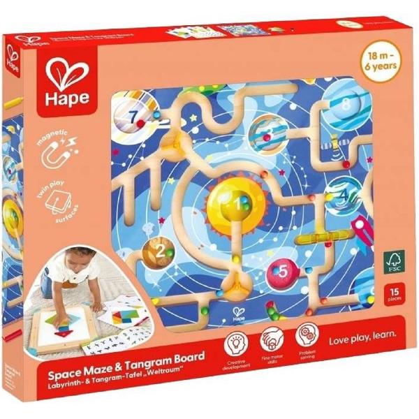 Jucarie din lemn 2 in 1. Space Maze & Tangram Board 