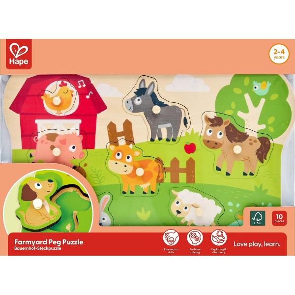 Puzzle din lemn cu butoni: Animale de la ferma