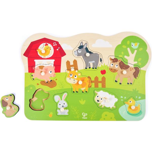 Puzzle din lemn cu butoni: Animale de la ferma