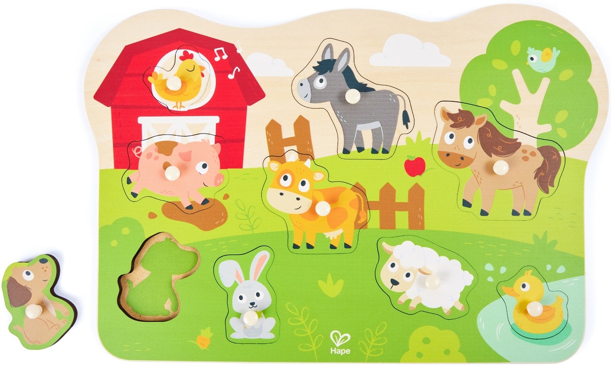 Imaginea produsului 'Puzzle din lemn cu butoni: Animale de la fermă'