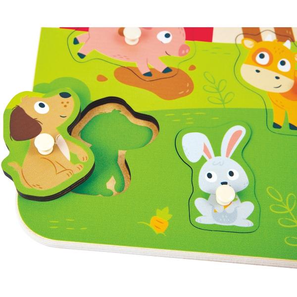Puzzle din lemn cu butoni: Animale de la ferma