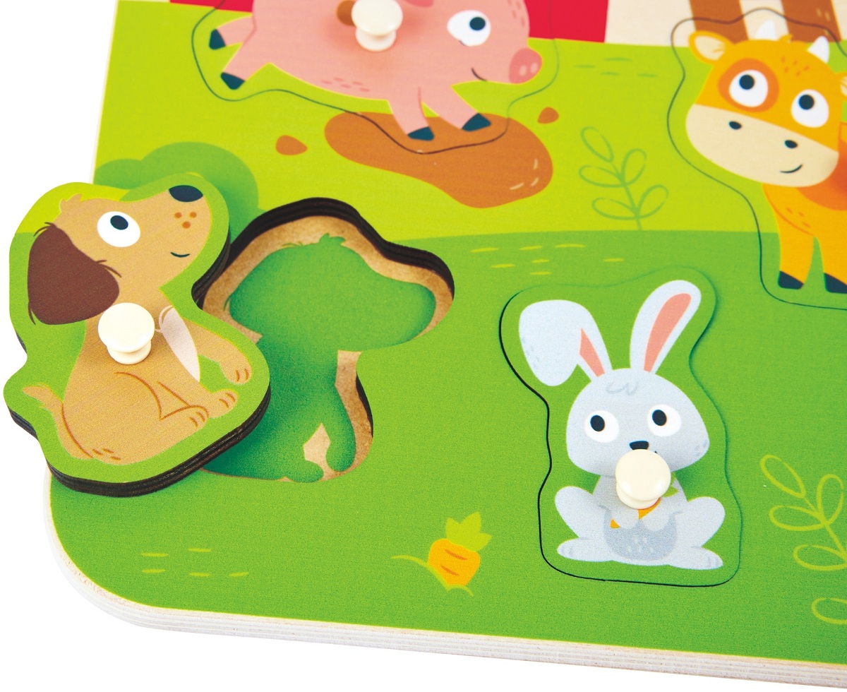 Imaginea produsului 'Puzzle din lemn cu butoni: Animale de la fermă'