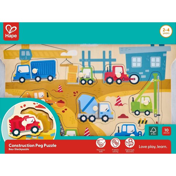 Puzzle din lemn cu butoni: Utilaje de constructii