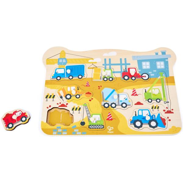 Puzzle din lemn cu butoni: Utilaje de constructii
