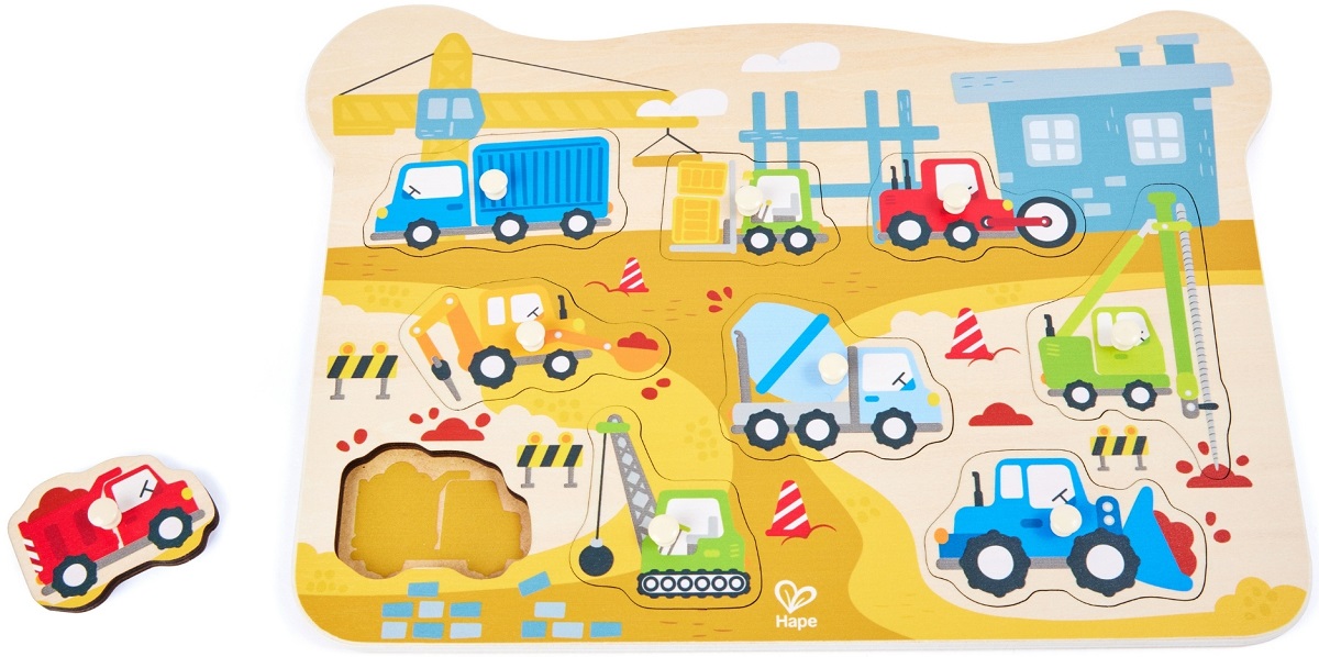 Imaginea produsului 'Puzzle din lemn cu butoni: Utilaje de construcții'