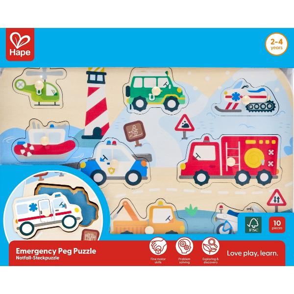 Puzzle din lemn cu butoni: Vehicule de interventie