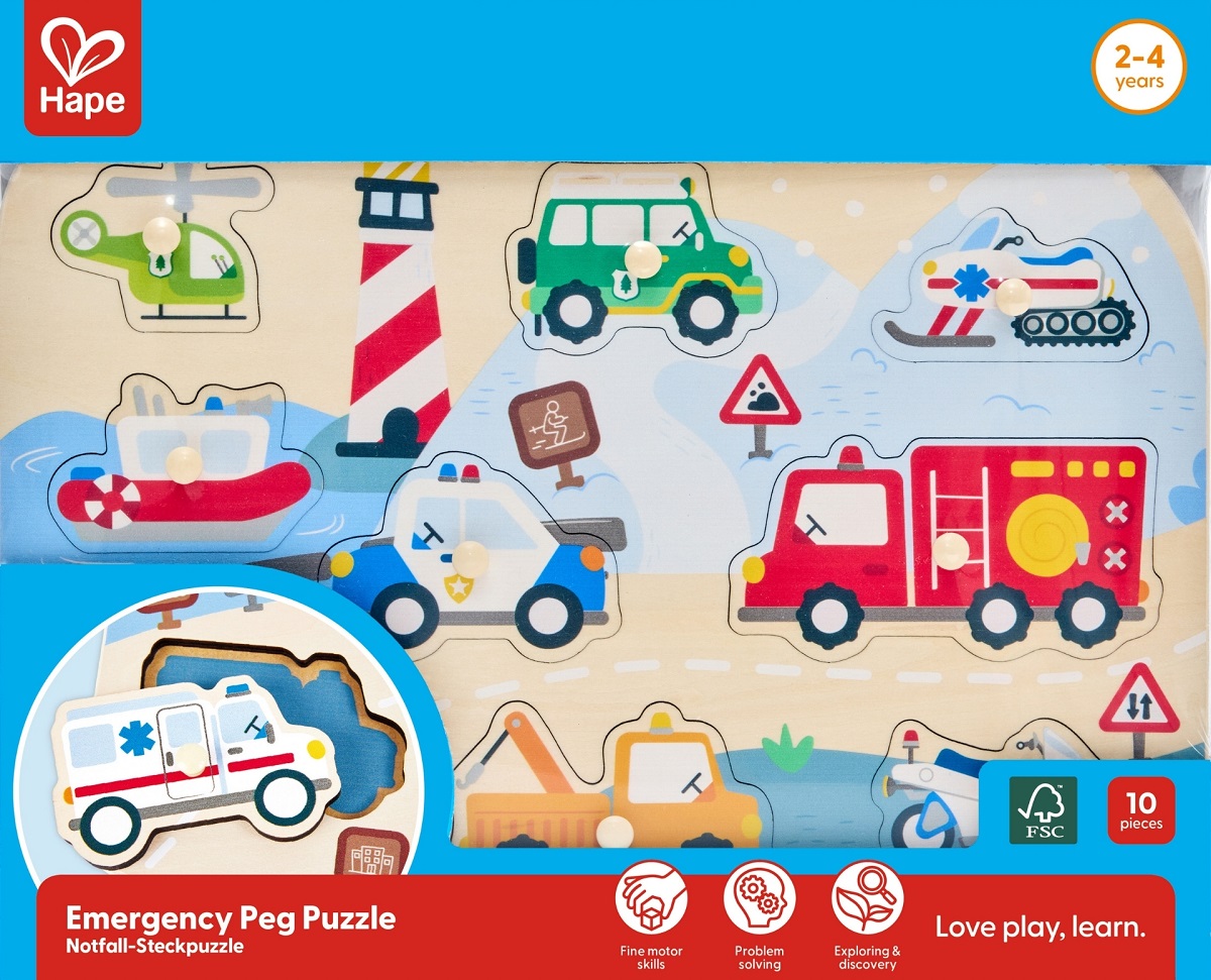 Imaginea produsului 'Puzzle din lemn cu butoni: Vehicule de intervenție'