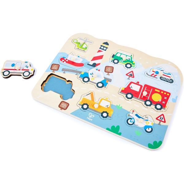 Puzzle din lemn cu butoni: Vehicule de interventie
