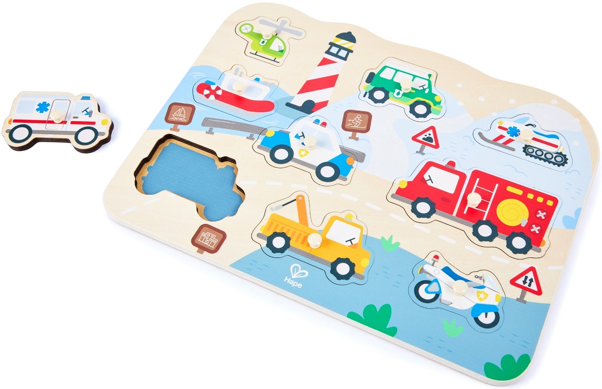 Imaginea produsului 'Puzzle din lemn cu butoni: Vehicule de intervenție'