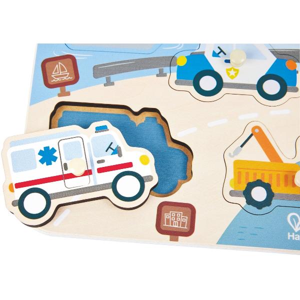 Puzzle din lemn cu butoni: Vehicule de interventie