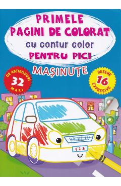 Coperta cărții 'Primele pagini de colorat cu contur color pentru pici. Mașinuțe'