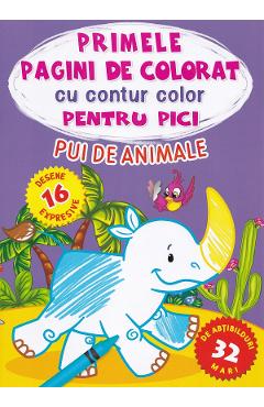 Coperta cărții 'Primele pagini de colorat cu contur color pentru pici. Pui de animale'