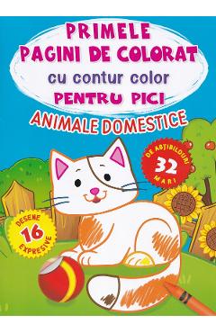 Coperta cărții 'Primele pagini de colorat cu contur color pentru pici. Animale domestice'