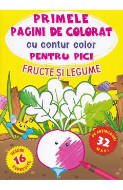 Coperta cărții 'Primele pagini de colorat cu contur color pentru pici. Fructe și legume'