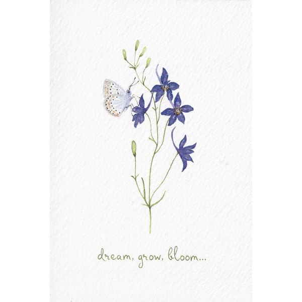 Felicitare: Dream, glow, bloom. Flori si fluture. Mai Colorat
