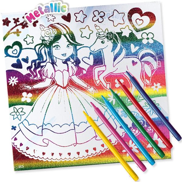 Coloreaza pe panza: Printesa si unicorn cu efect metalic