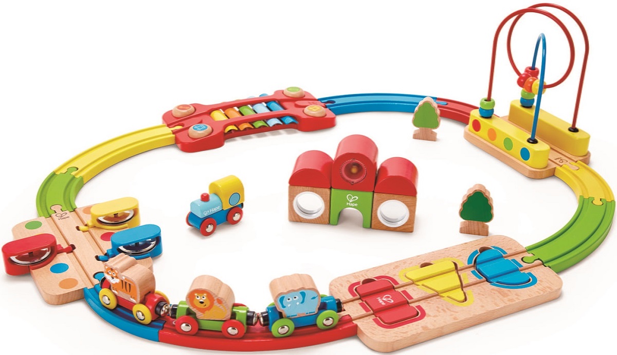 Imaginea produsului 'Jucărie din lemn: Șină de tren curcubeu cu puzzle'