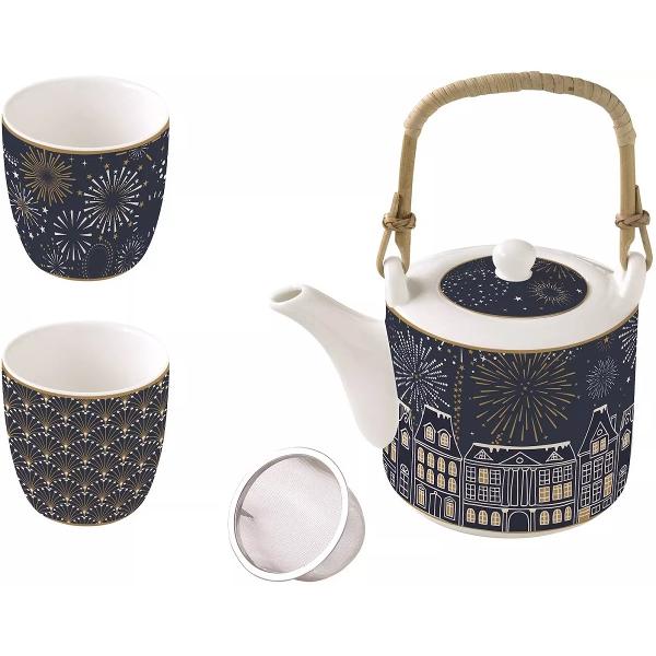 Set ceainic cu infuzor si 2 cesti portelan: Midnight Fireworks
