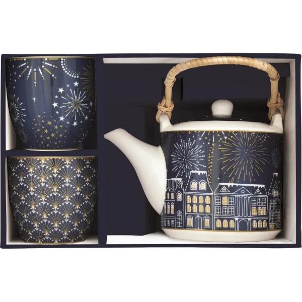 Set ceainic cu infuzor si 2 cesti portelan: Midnight Fireworks