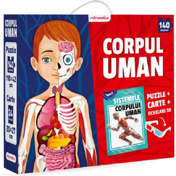 Corpul uman: Puzzle 140 piese + carte + ochelari 3D