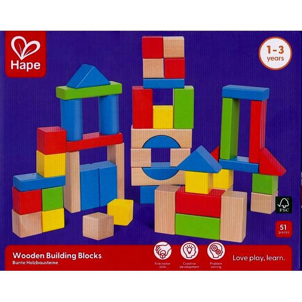 Cuburi din lemn de construit colorate (50 piese)
