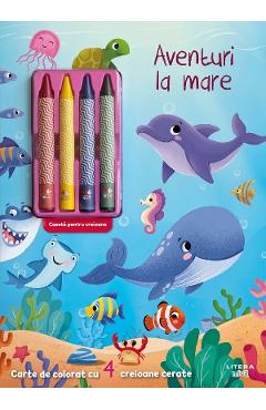 Coperta cărții 'Aventuri la mare. Carte de colorat cu 4 creioane cerate'
