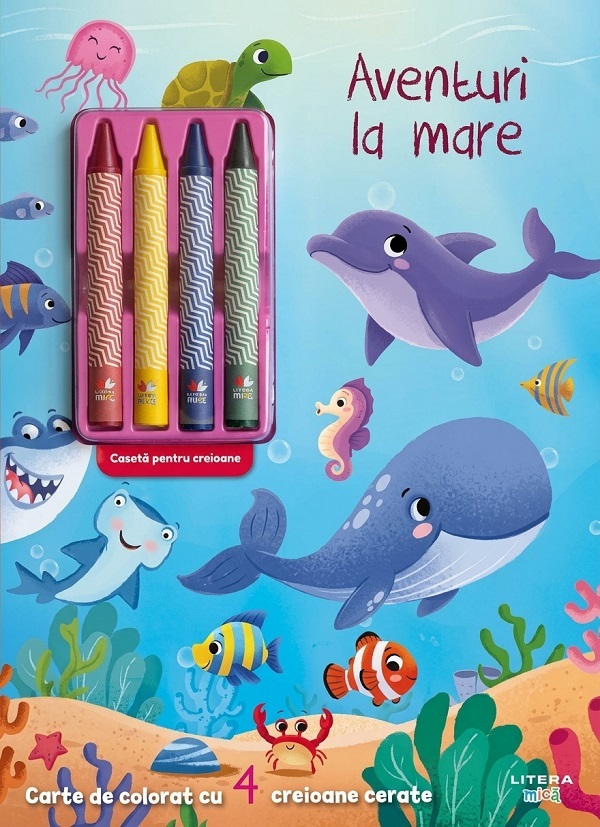 Coperta cărții 'Aventuri la mare. Carte de colorat cu 4 creioane cerate'