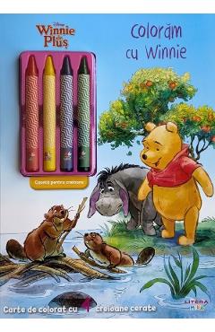 Coperta cărții 'Disney Winnie de plus. Colorăm cu Winnie. Carte de colorat cu 4 creioane cerate'