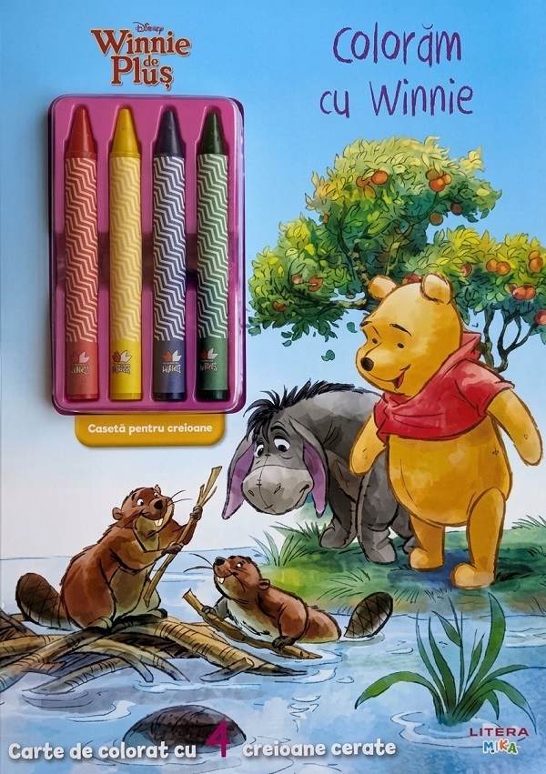 Coperta cărții 'Disney Winnie de plus. Colorăm cu Winnie. Carte de colorat cu 4 creioane cerate'