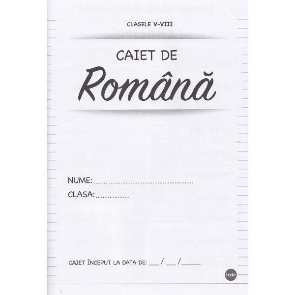 Caiet de limba romana cu memorator A4 40 file. Clasele 5-8