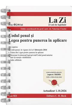 Coperta cărții 'Codul penal și Legea pentru punerea în aplicare Act. 1 Octombrie 2026 Ed. Spiralată - Valerian Cioclei'