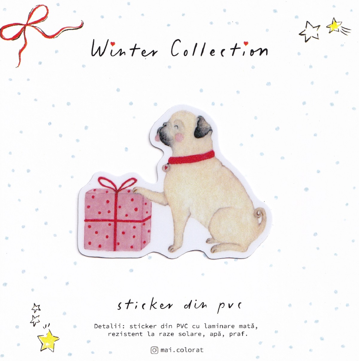 Imaginea produsului 'Sticker: Mops cu cadou. Mai Colorat'