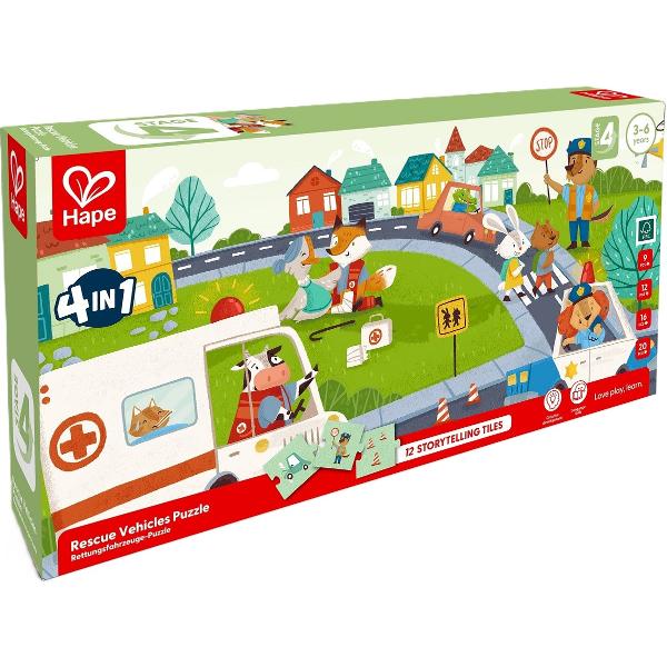 Puzzle 4 in 1. Vehicule de salvare si 12 piese storytelling