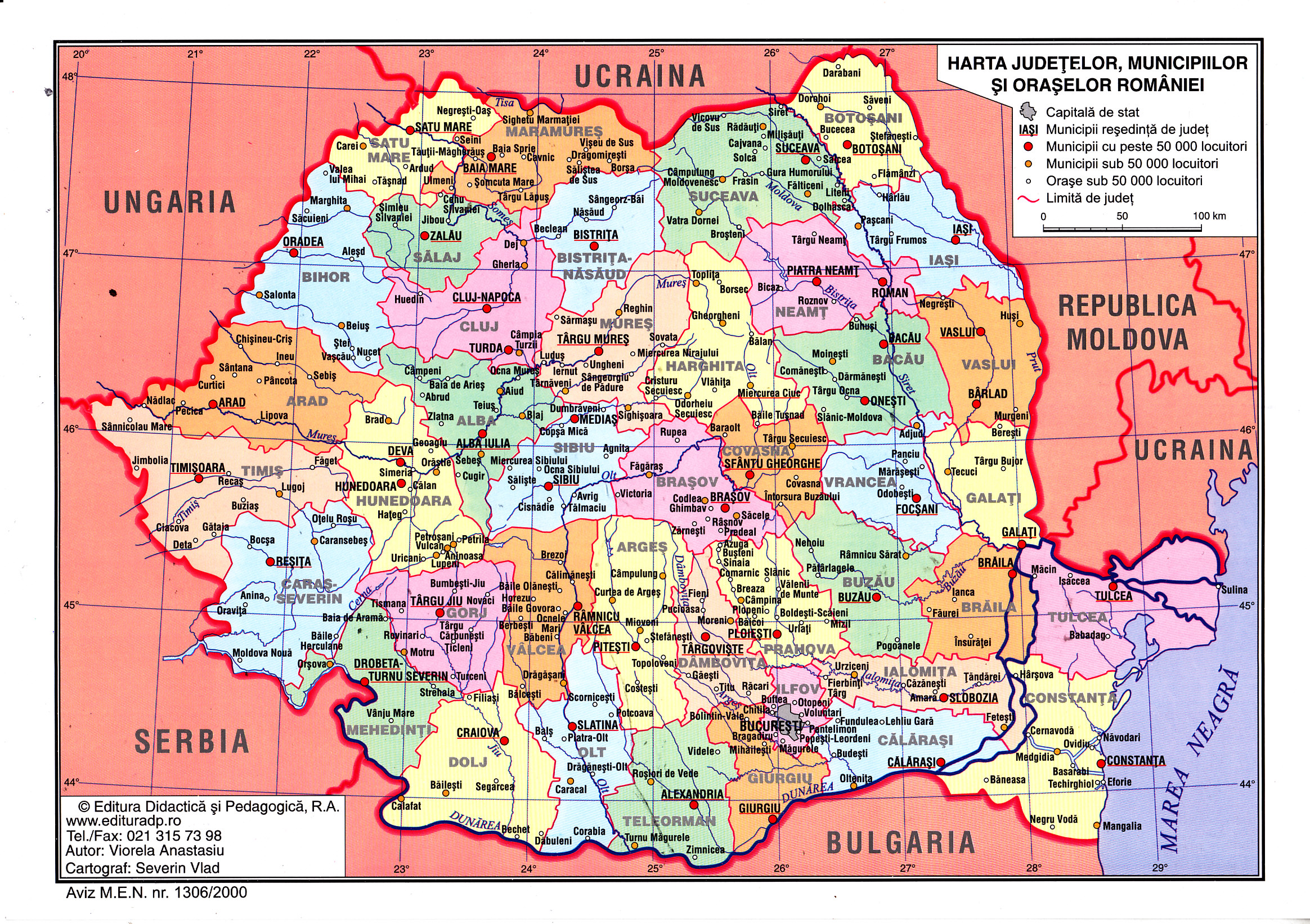 Harta Fizica a Romaniei + Harta Judetelor, Municipiilor si Oraselor Romaniei