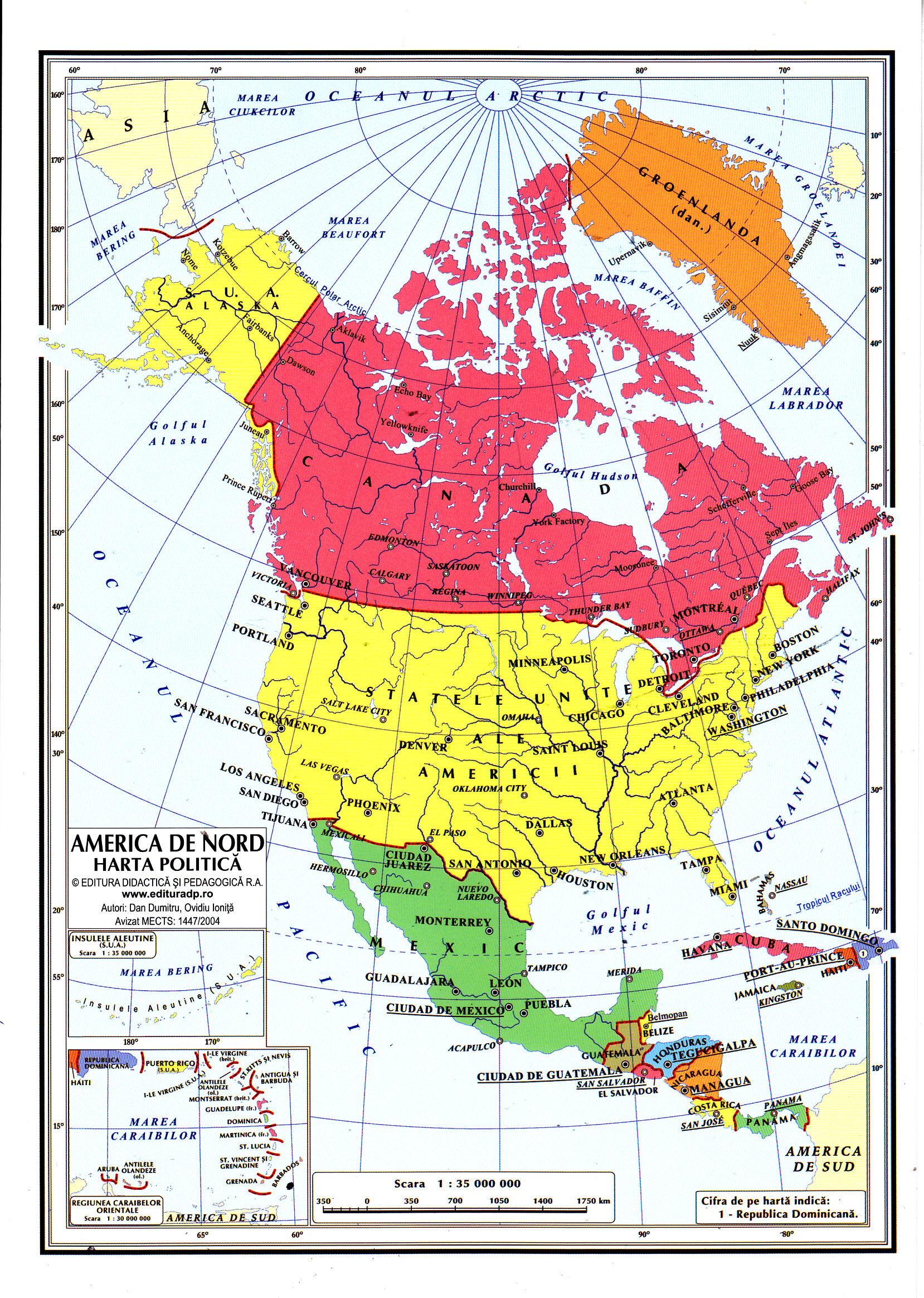 Harta America de Nord (Fizica) + America de Nord (Politica)