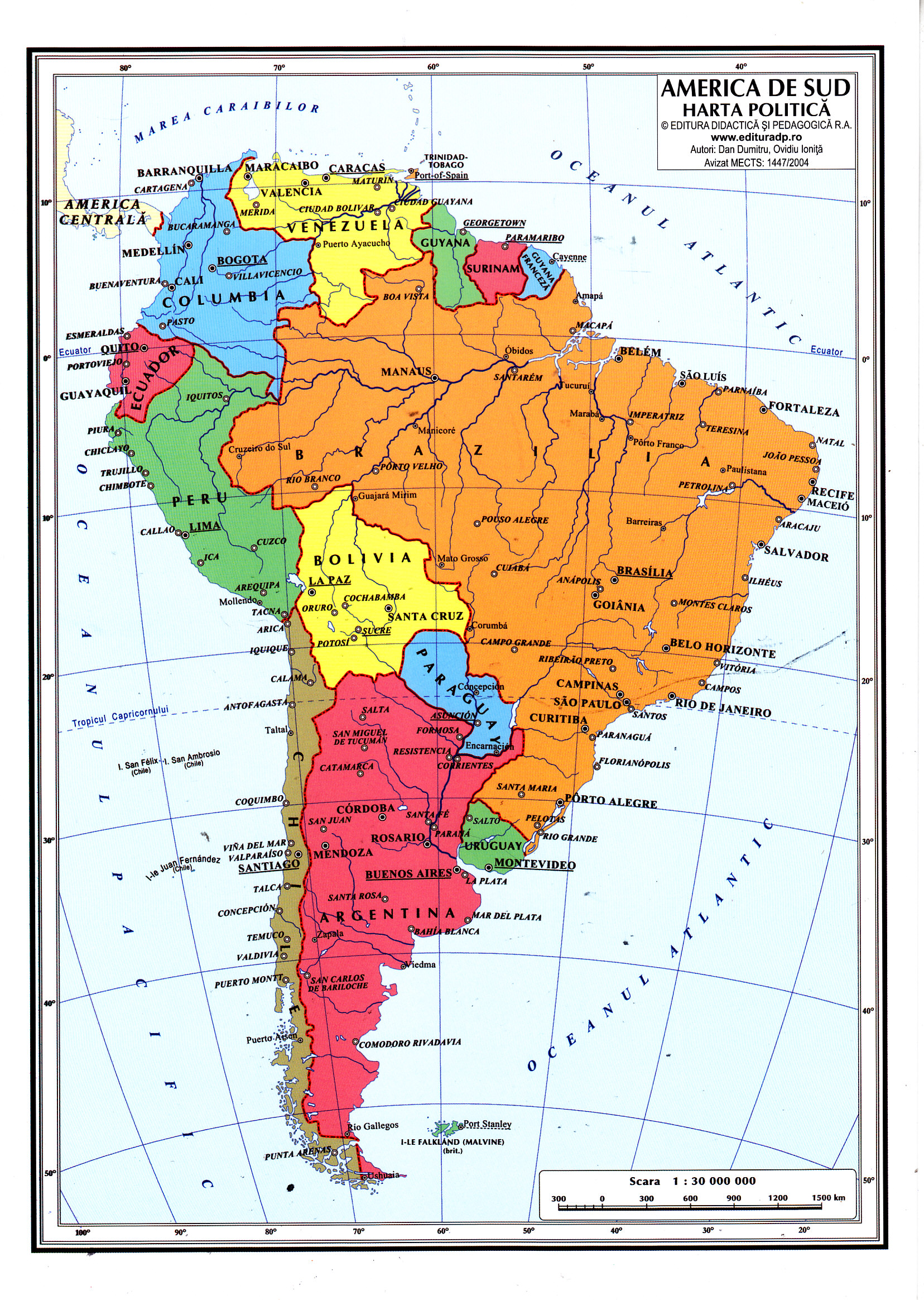 Harta America de Sud (Fizica) + America de Sud (Politica)